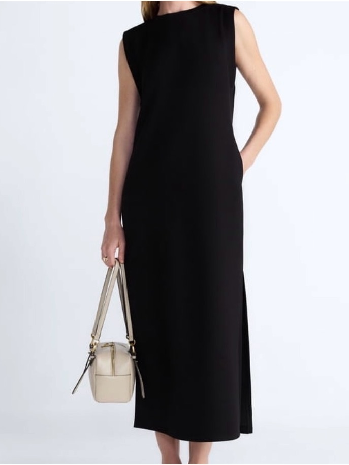 Sleeveless Black Maxi Dress With Side Slit. Scuba Knit.